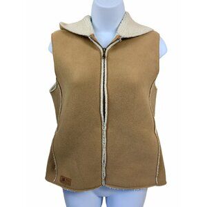 Ralph Lauren Medium Sleeveless Fleece Vest Womens Zip Up Hooded Tan Faux Fur